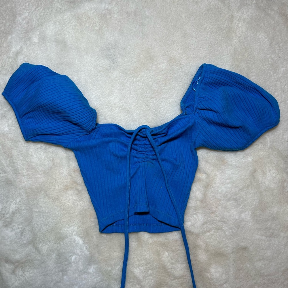 Electric Blue Zara Cropped Shirt with Puffed Sleeves